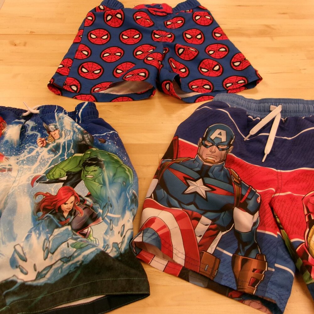 Lot of 3 Marvel Avengers Spider-Man Boys Kids 5/6 Mesh Lined Bathing Swim Trunks